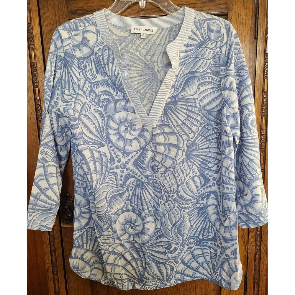 Emily Daniels Womens Blue White Seashell Linen Blend Tunic Top Small Coastal 3/4